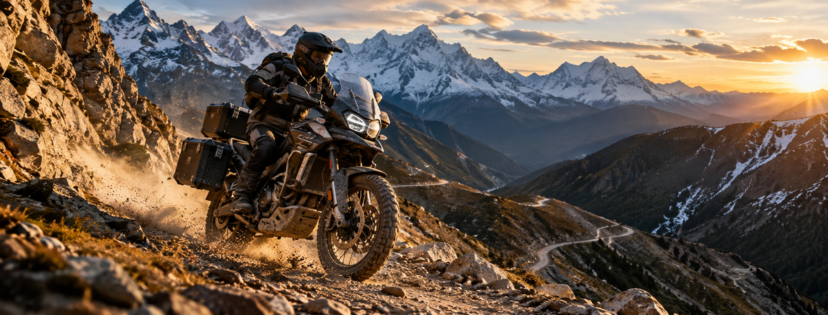 Range-X auxiliary fluid cell on a motorcycle luggage rack in an editorial trail scene