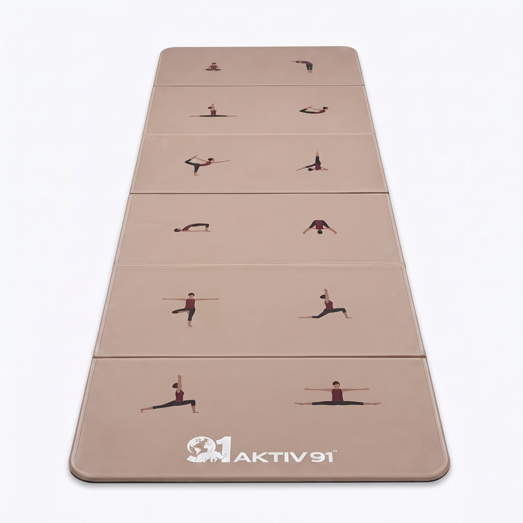 A beige yoga mat with printed exercise pose illustrations and the brand name 'AKTIV 91' at the bottom, shown on a clean white background.