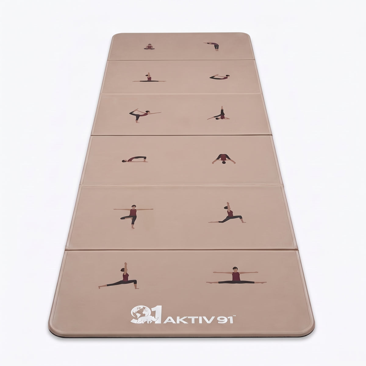 A beige yoga mat with printed exercise pose illustrations and the brand name 'AKTIV 91' at the bottom, shown on a clean white background.