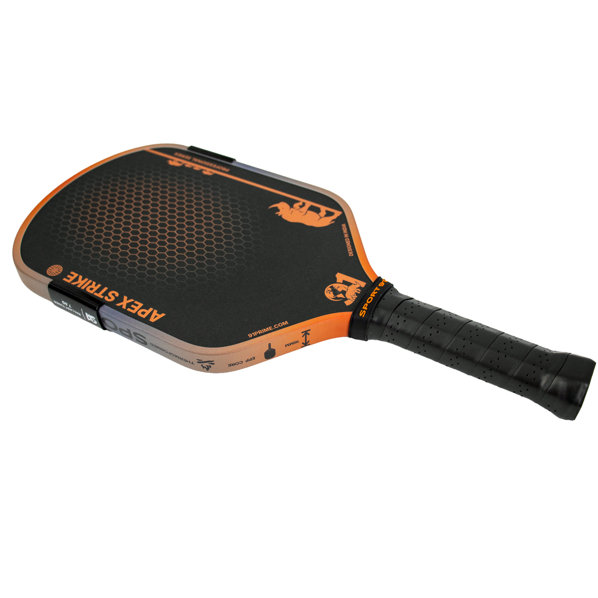 Angled view of SPORT91 APEX STRIKE orange full-foam pickleball paddle