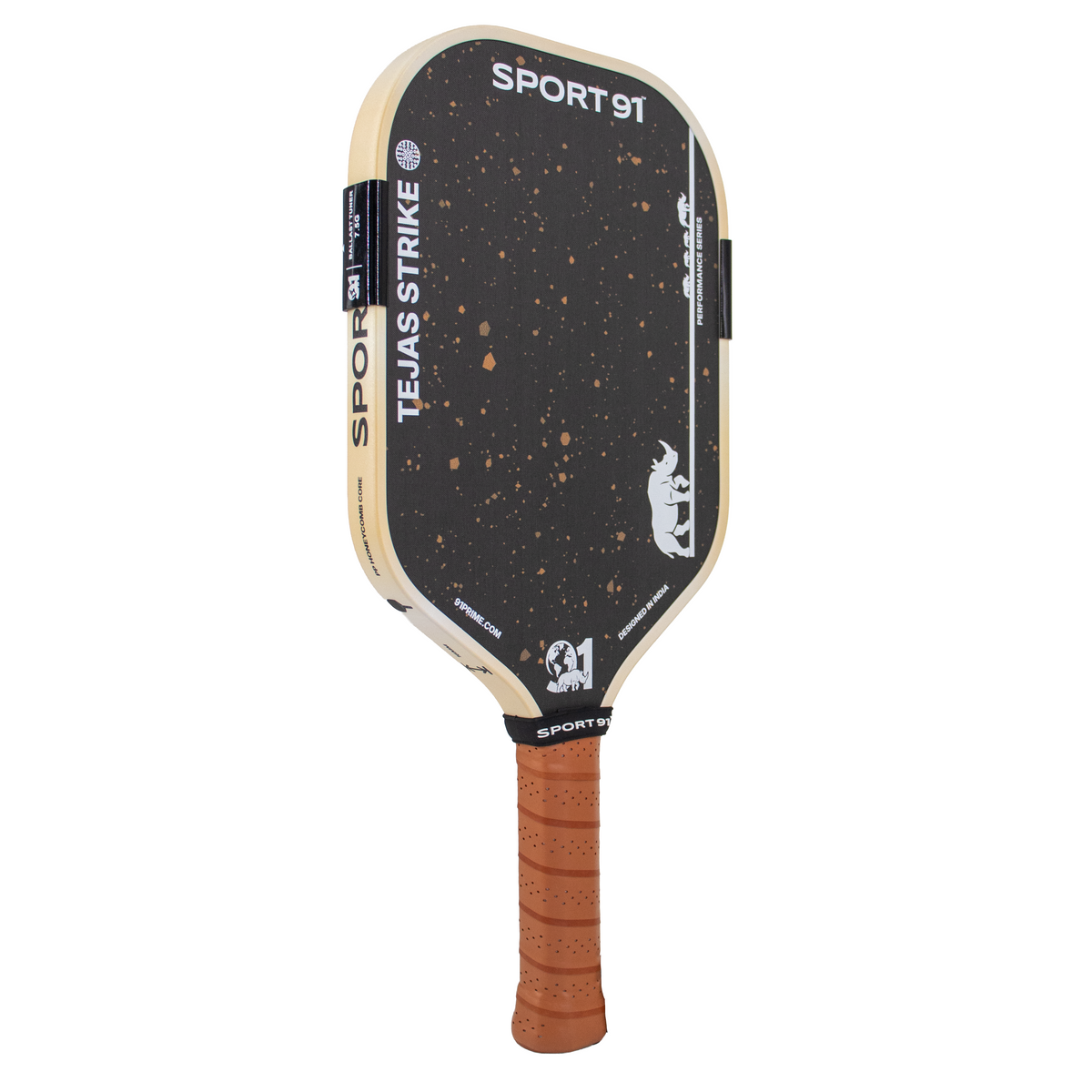 Angled full view of SPORT91 TEJAS STRIKE Natural Wood pickleball paddle